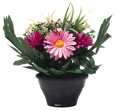 Vasque de Gerberas fleurs artificielles pour le cimetière H 26 cm D 23 cm Fushia