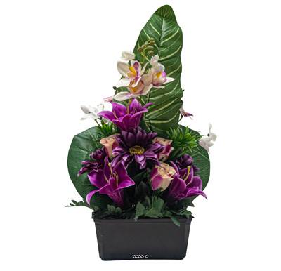 Jardinière de Lys fleurs artificielles pour le cimetière H 51 cm D 35 cm Pourpre
