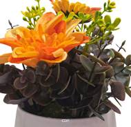 Pot de Dahlias fleurs artificielles pour le Funérarium H 17 cm D 14 cm Jaune-orange