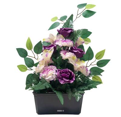 Jardinière d'Alstromerias fleurs artificielles pour le cimetière  H 50 cm Lg 40 cm Pourpre