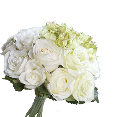 Bouquet de Roses et Hortensias factices Blanc-Vert 13 têtes D28cm