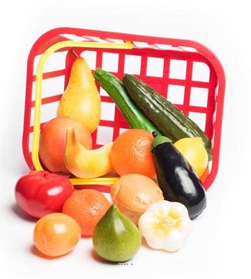 Panier de 14 fruits et légumes artificiels assortis Plastique soufflé