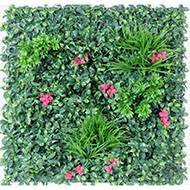 Plaque de feuillage artificiel et fausses fleurs roses pour mur végétal extérieur 100 x 100 cm