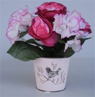Jolies fleurs artificielles cimetière pivoines et hortensias en pot déco H28 cm D35 cm Pourpre-crème