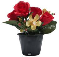 Pot composition fleurs artificielles cimetière roses et orchidées H 24 cm L 16 cm Rouge