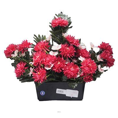 Devant de tombe fleurs artificielles cimetière chrysanthèmes et alstroemerias Rose fushia