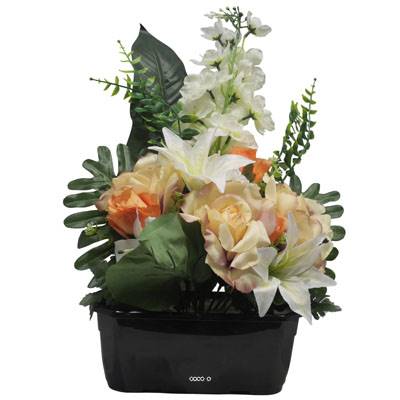Jardinière fleurs artificielles pour les tombes Rose, bouton de Rose, Lys et Delphinium Orange