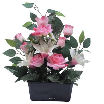 Jardinière fleurs Rose, Bouton de rose, Lys tigré et Ficus Rose artificiels pour la Toussaint