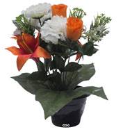 Pot pour Tombe d'œillet, Lys tigré et mini fleurs Orange artificiels - Toussaint