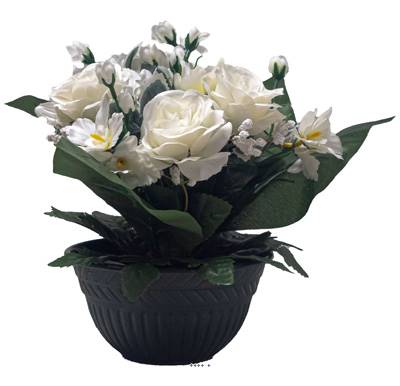 Vasque de fleurs artificielles Roses pour le cimetière H 28 cm D 30 cm Blanc neige