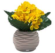 Pot céramique de fleurs artificielles Primeveres pour le cimetière H 18 cm D 15 cm Jaune