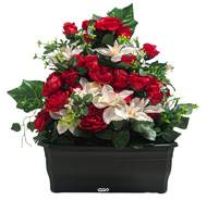 Extraordinaire Jardinière de Pivoines artificielles pour le cimetière H 55 cm Lg 58 cm Rouge-orange