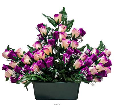 Jardinière devant de tombe fleurs artificielles pour le cimetière  H 50 cm Lg 65 cm Pourpre