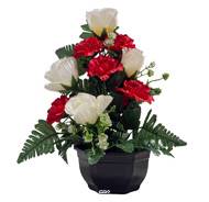 Vasque de Boutons de Roses fleurs artificielles pour le cimetière H 40 cm Lg 28 cm Rouge-orange