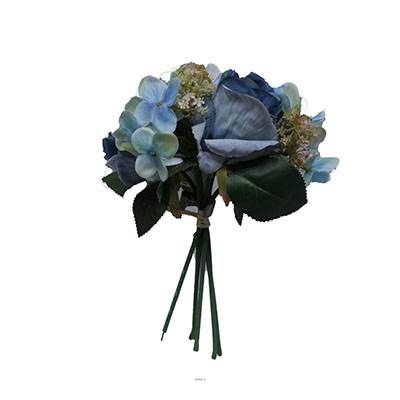 Bouquet de fausses roses et hortensias H 30 cm 6 têtes Bleu