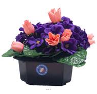 Composition fleurs artificielles cimetière pot carré violettes et mini roses H17 cm D24 cm Rose