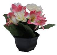Vasque fleurs artificielles cimetière roses et lys H 28 cm D 25 cm Rose pâle