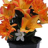 Vasque fleurs artificielles cimetière gerberas et lys H 28 cm D 25 cm Orange