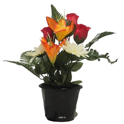 Pot pour la Toussaint de Boutons de Rose, Lys tigrés et gerberas artificiels pour la tombe Orange