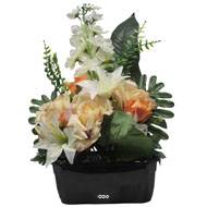Jardinière fleurs artificielles pour les tombes Rose, bouton de Rose, Lys et Delphinium Orange