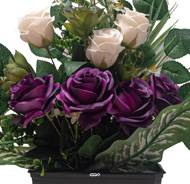 Grande Jardinière de fleurs artificielles Roses pour le cimetière H 50 cm Lg 47 cm Pourpre