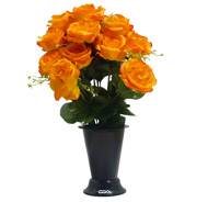 Pot Cône de Roses fleurs artificielles pour le cimetière H 43 cm D 27cm Orange