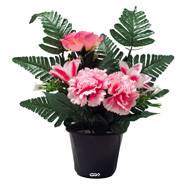 Pot de Boutons de Roses fleurs artificielles pour le cimetière H 34 cm D 23 cm Rose