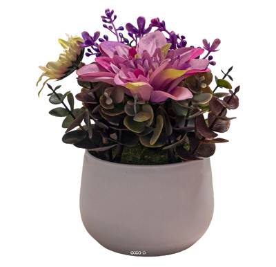 Pot de Dahlias fleurs artificielles pour le Funérarium H 17 cm D 14 cm Lavande