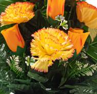 Vasque de Boutons de Roses fleurs artificielles pour le cimetière H 45 cm D 36 cm Jaune-orange