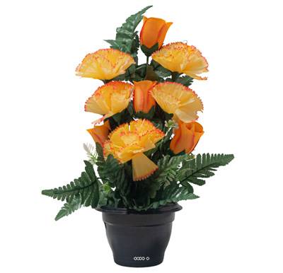 Pot d'Oeillets fleurs artificielles pour le cimetière H 36 cm D 33 cm Jaune-orange