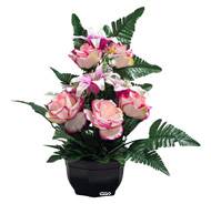 Vasque de Roses et Lys fleurs artificielles pour le cimetière H 43 cm Lg 23 cm Rose pâle