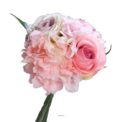 Bouquet de Roses et Hortensias artificielles Rose 4 têtes D 20 cm