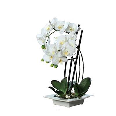 Orchidee factice 3 hampes en coupe ceramique H50cm touché réel Crème