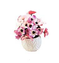 Composition fleurs artificielles pour colombarium pot blanc béton pensées H 27 cm D 23 cm Rose
