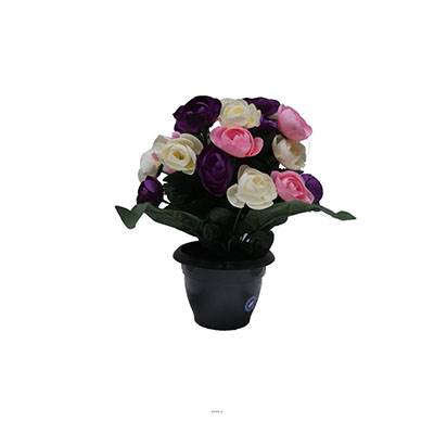 Fleurs artificielles cimetière pot de renoncules H 35 cm D 27 cm Mauve violet