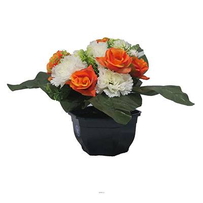 Vasque fleurs artificielles cimetière œillets et roses Crème