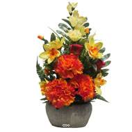 jardinièrre pot beton d'œillet,bouton de rose, Orchidée, glaieul Orange pour la Toussaint