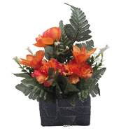 jardinièrre pot beton Renoncule, œillet, et alstromeria pour la Toussaint Orange