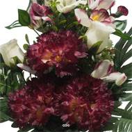 Pot Cone de fleurs artificielles œillet, Bouton de rose, Orchidée et Glaieul Pourpre pour Toussaint