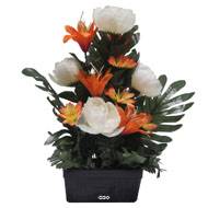 Jardinière fleurs artificielles Pivoine, Lys, Gerbera et ficus Crème pour la Toussaint