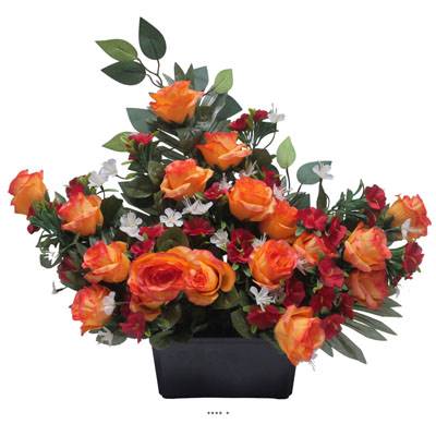 Devant de tombe de Rose, Mini fleurs et Ficus Orange artificiels pour la Toussaint