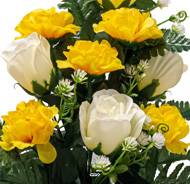 Vasque de Boutons de Roses fleurs artificielles pour le cimetière H 40 cm Lg 28 cm Jaune citron