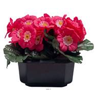 Vasque Carrée de Primevères fleurs artificielles pour le cimetière H 13 cm Lg 17 cm Fushia
