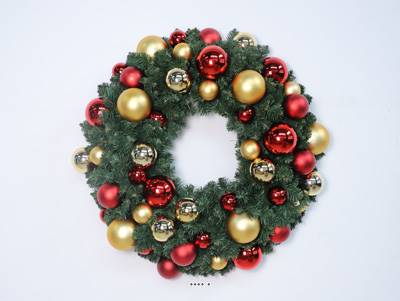 Couronne de Sapin de Noël Artificiel D 80cm Boules Rouge et Or NF S54-200 et EN71-2 – Qualité Pro
