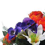 Composition fleurs artificielles pour cimetière vasque roses, lys et pensées Orange