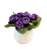 Composition fleurs artificielles pour colombarium pot blanc béton violettes H 27 cm D 23 cm Mauve