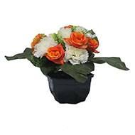 Vasque fleurs artificielles cimetière œillets et roses Crème