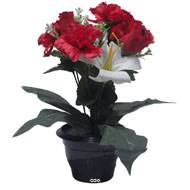 Pot pour Tombe d'œillet, Lys tigré et mini fleurs Rouge artificiels - Toussaint