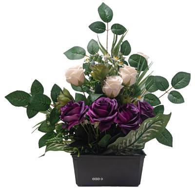 Grande Jardinière de fleurs artificielles Roses pour le cimetière H 50 cm Lg 47 cm Pourpre