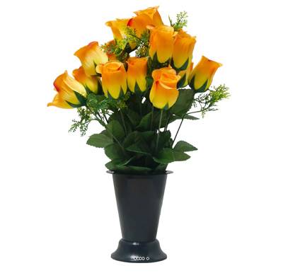 Pot Cône de Boutons de Roses fleurs artificielles pour le cimetière H 38 cm D 26 cm Orange